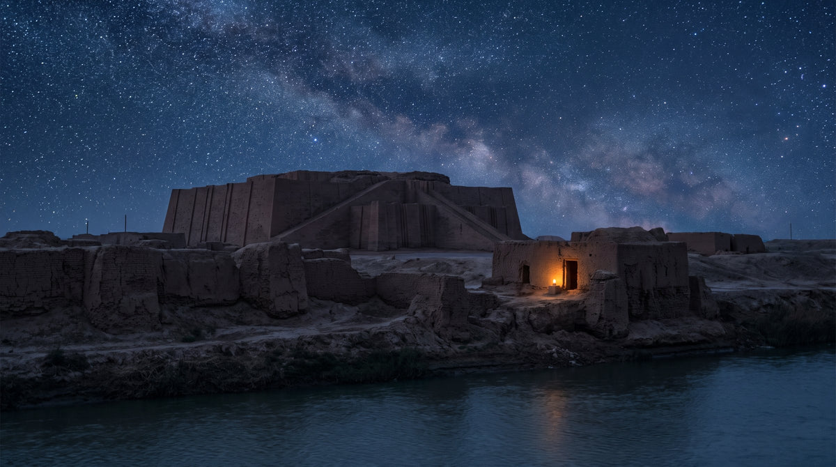 Night sky over the ruins of an ancient Mesopotamian city